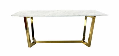 stół jadalniany z blatem z marmuru syntetycznego i złotej podstawie